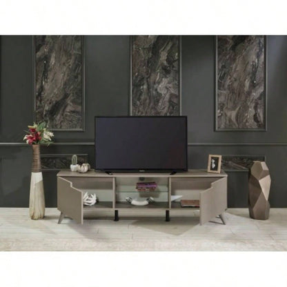 FurnisHome Store Denver Mid Modern Tv Stand 2 Door Cabinets 1 Glass Shelf 66 inch Tv Unit, Brown