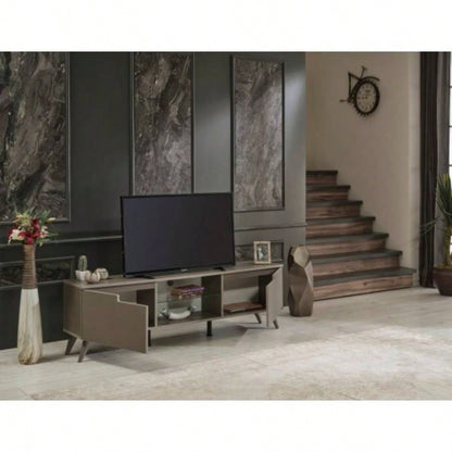 FurnisHome Store Denver Mid Modern Tv Stand 2 Door Cabinets 1 Glass Shelf 66 inch Tv Unit, Brown