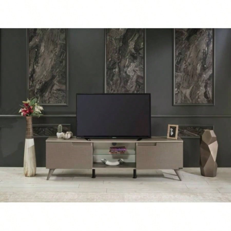 FurnisHome Store Denver Mid Modern Tv Stand 2 Door Cabinets 1 Glass Shelf 66 inch Tv Unit, Brown