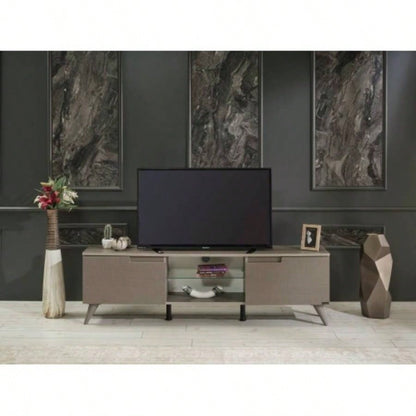 FurnisHome Store Denver Mid Modern Tv Stand 2 Door Cabinets 1 Glass Shelf 66 inch Tv Unit, Brown
