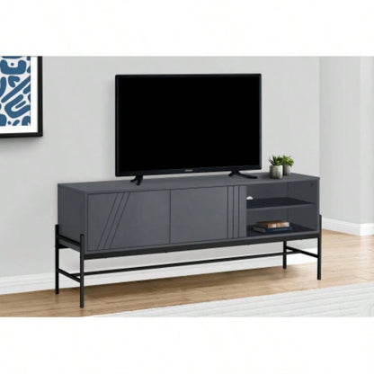 Tv Stand, 60 Inch, Console, Media Entertainment Center, Storage Cabinet, Living Room, Bedroom, Laminate, Black Metal, Contemporary, Modern