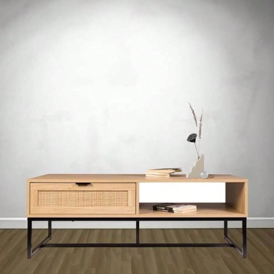 Cove Coastal Modern TV Stand with Storage Cubby and Drawer, Natural Wood