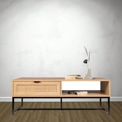 Cove Coastal Modern TV Stand with Storage Cubby and Drawer, Natural Wood