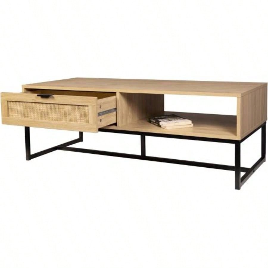 Cove Coastal Modern TV Stand with Storage Cubby and Drawer, Natural Wood