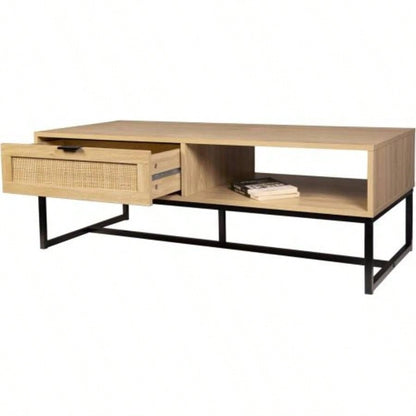 Cove Coastal Modern TV Stand with Storage Cubby and Drawer, Natural Wood