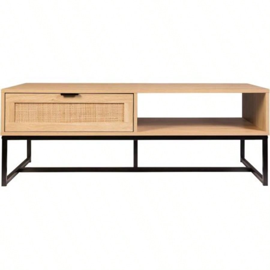 Cove Coastal Modern TV Stand with Storage Cubby and Drawer, Natural Wood