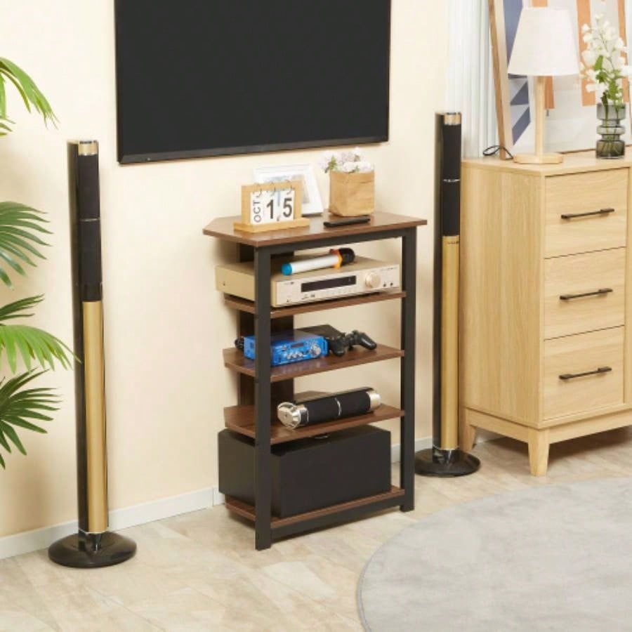 HOMCOM TV Stand, AV Media Stand, Corner Audio Tower with Storage Shelves and Steel Frame, Living Room Storage, Brown