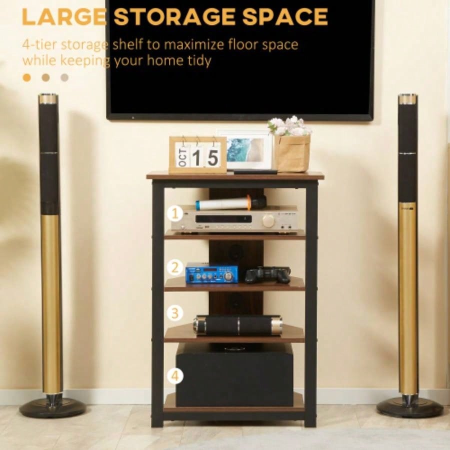 HOMCOM TV Stand, AV Media Stand, Corner Audio Tower with Storage Shelves and Steel Frame, Living Room Storage, Brown