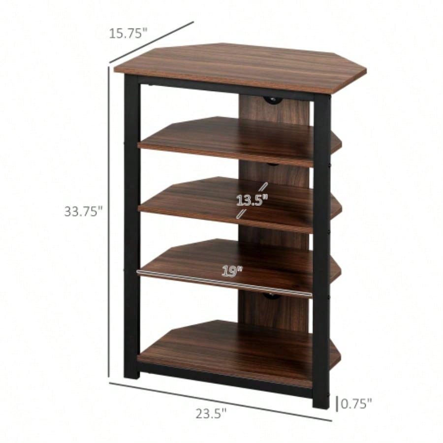 HOMCOM TV Stand, AV Media Stand, Corner Audio Tower with Storage Shelves and Steel Frame, Living Room Storage, Brown
