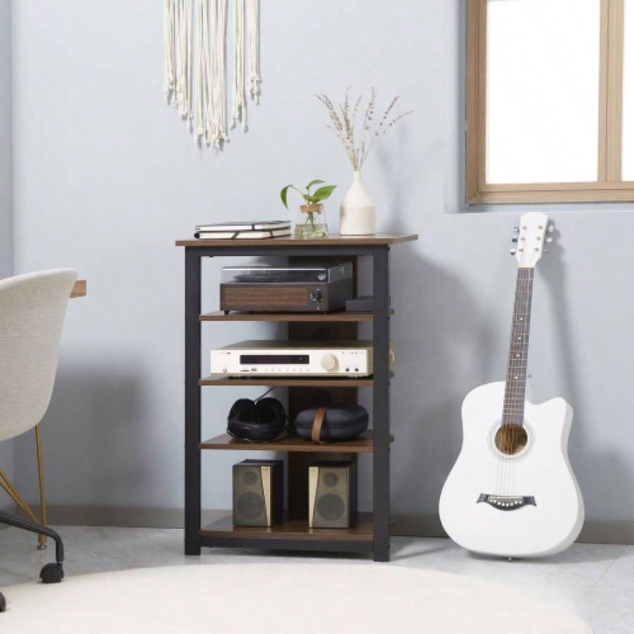 HOMCOM TV Stand, AV Media Stand, Corner Audio Tower with Storage Shelves and Steel Frame, Living Room Storage, Brown