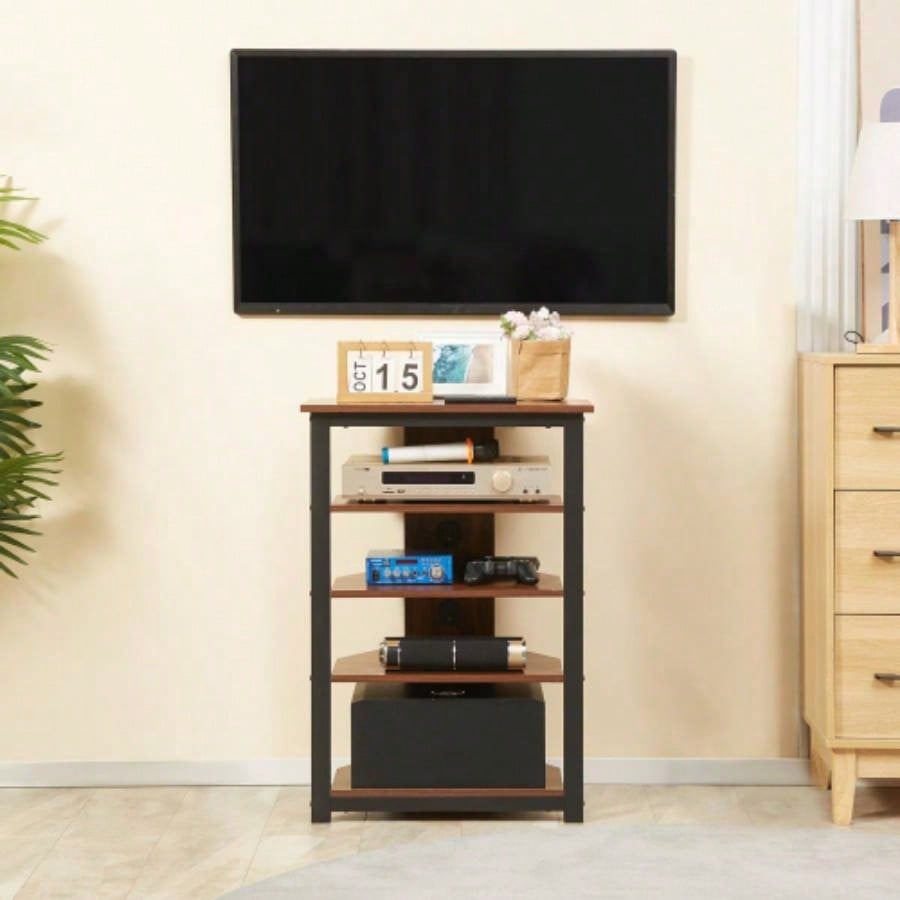HOMCOM TV Stand, AV Media Stand, Corner Audio Tower with Storage Shelves and Steel Frame, Living Room Storage, Brown