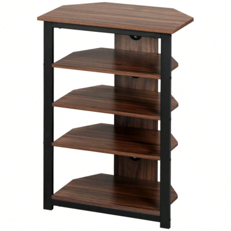 HOMCOM TV Stand, AV Media Stand, Corner Audio Tower with Storage Shelves and Steel Frame, Living Room Storage, Brown