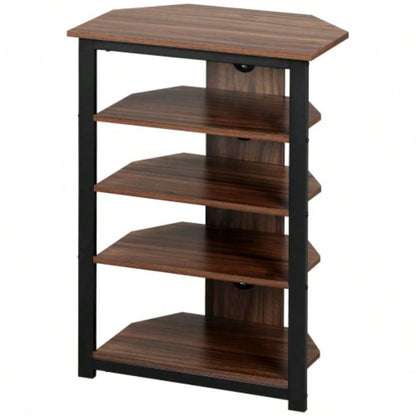 HOMCOM TV Stand, AV Media Stand, Corner Audio Tower with Storage Shelves and Steel Frame, Living Room Storage, Brown