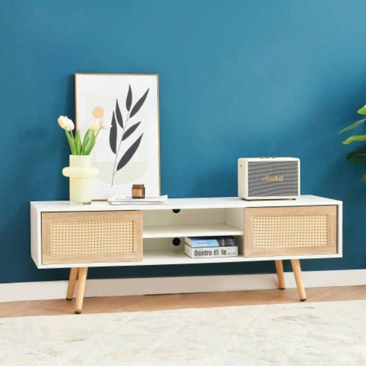 55.12 Rattan TV cabinet, double sliding doors storage, adjustable shelf, solid wood, TV console living room, White