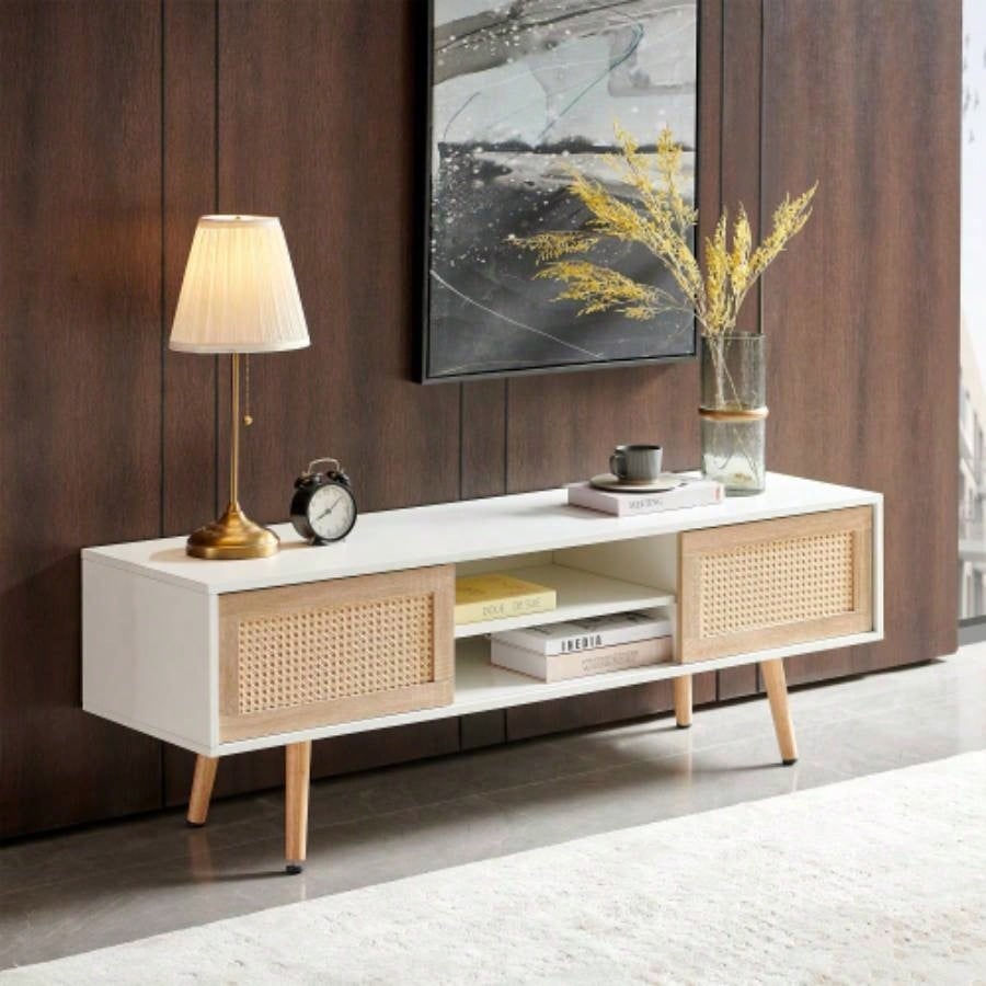 55.12 Rattan TV cabinet, double sliding doors storage, adjustable shelf, solid wood, TV console living room, White