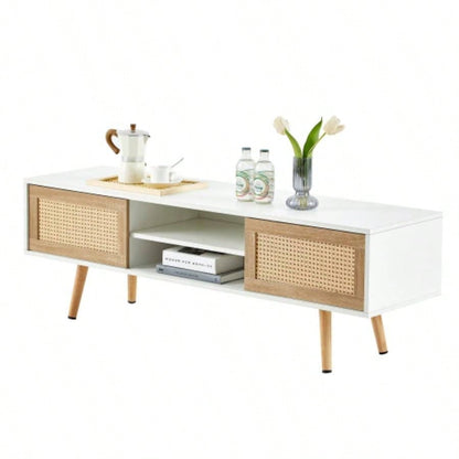 55.12 Rattan TV cabinet, double sliding doors storage, adjustable shelf, solid wood, TV console living room, White