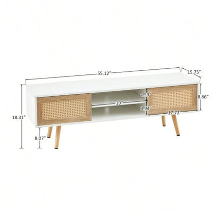 55.12 Rattan TV cabinet, double sliding doors storage, adjustable shelf, solid wood, TV console living room, White
