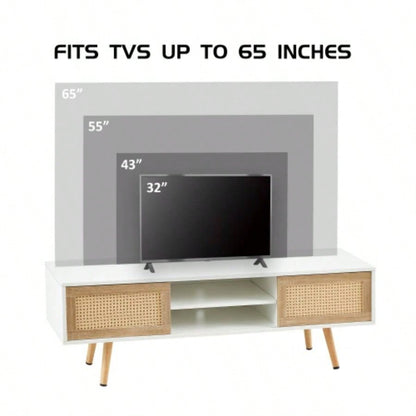 55.12 Rattan TV cabinet, double sliding doors storage, adjustable shelf, solid wood, TV console living room, White