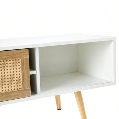 55.12 Rattan TV cabinet, double sliding doors storage, adjustable shelf, solid wood, TV console living room, White