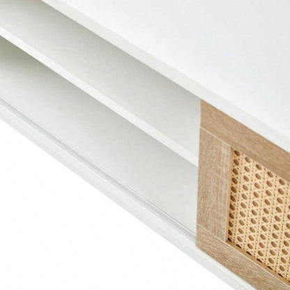 55.12 Rattan TV cabinet, double sliding doors storage, adjustable shelf, solid wood, TV console living room, White