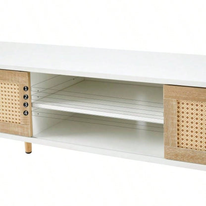 55.12 Rattan TV cabinet, double sliding doors storage, adjustable shelf, solid wood, TV console living room, White