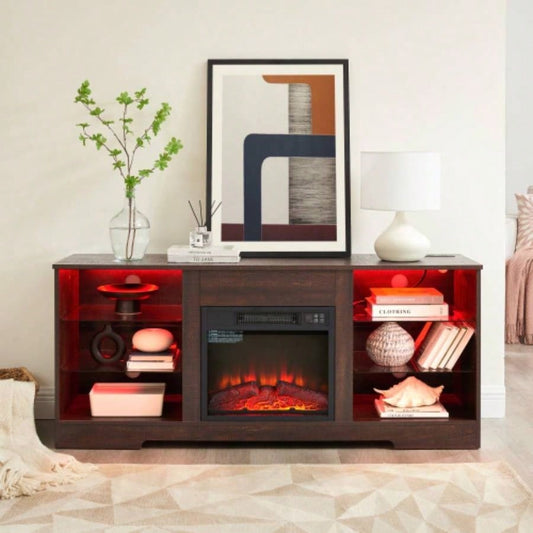 TV Stand Fireplace Glass Shelves, 3D Fireplace TV Stand with LED Lights Wood with USB Charging Outlet Modern Television Table Center TV up to 62 ESP, 5815.5D*24.4