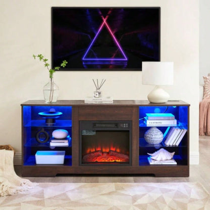 TV Stand Fireplace Glass Shelves, 3D Fireplace TV Stand with LED Lights Wood with USB Charging Outlet Modern Television Table Center TV up to 62 ESP, 5815.5D*24.4