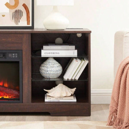 TV Stand Fireplace Glass Shelves, 3D Fireplace TV Stand with LED Lights Wood with USB Charging Outlet Modern Television Table Center TV up to 62 ESP, 5815.5D*24.4