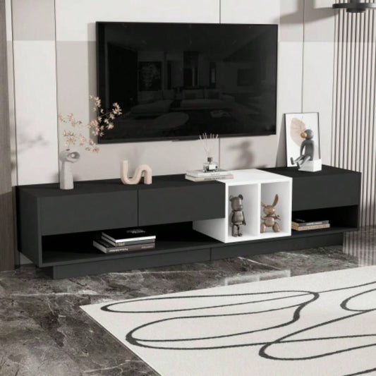 ON - TREND Sleek and Stylish TV Stand with Storage Solution, Two - tone Media Console TVs Up to 80 Functional TV Cabinet with Versatile Compartment Living Room, Black