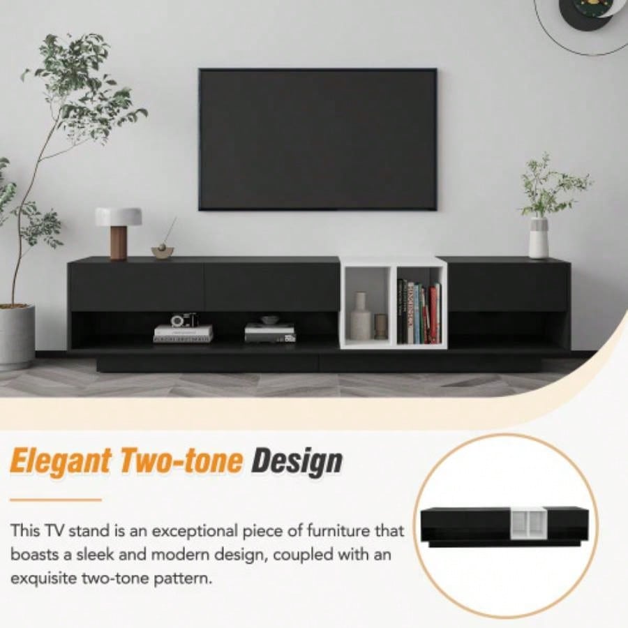 ON - TREND Sleek and Stylish TV Stand with Storage Solution, Two - tone Media Console TVs Up to 80 Functional TV Cabinet with Versatile Compartment Living Room, Black