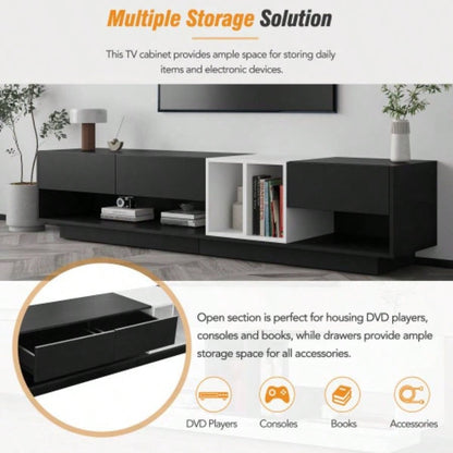 ON - TREND Sleek and Stylish TV Stand with Storage Solution, Two - tone Media Console TVs Up to 80 Functional TV Cabinet with Versatile Compartment Living Room, Black