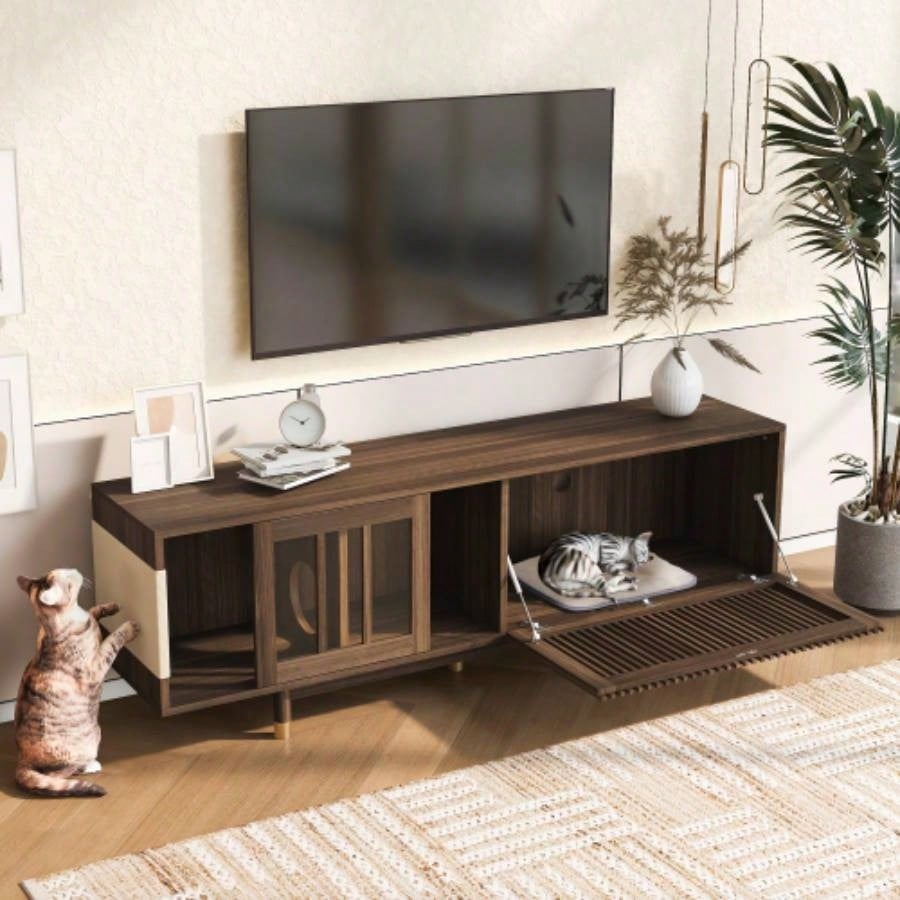 Mid - Modern style 2 IN 1 Furniture Walnut TV STAND with Scratcher, house With Sliding Flip - down glass door