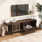 Mid - Modern style 2 IN 1 Furniture Walnut TV STAND with Scratcher, house With Sliding Flip - down glass door