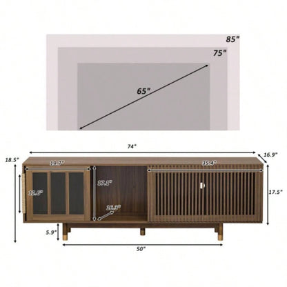 Mid - Modern style 2 IN 1 Furniture Walnut TV STAND with Scratcher, house With Sliding Flip - down glass door