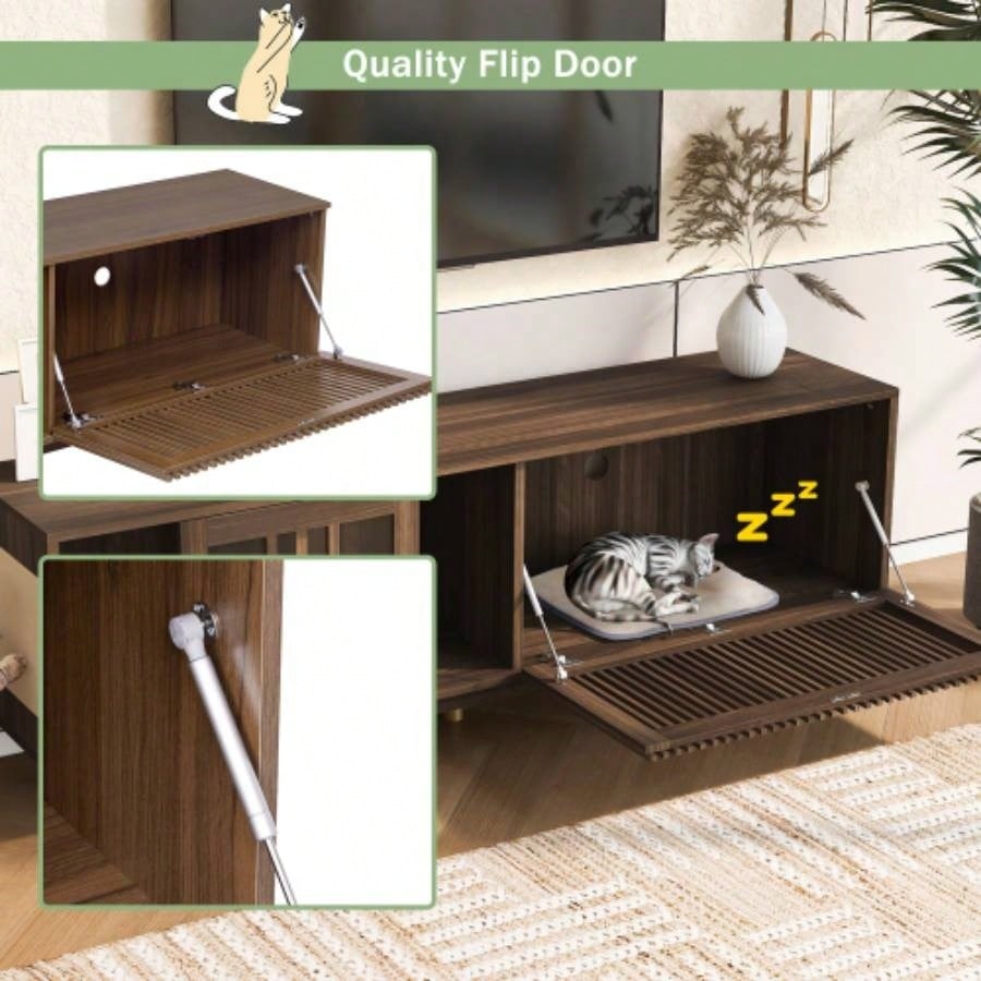 Mid - Modern style 2 IN 1 Furniture Walnut TV STAND with Scratcher, house With Sliding Flip - down glass door