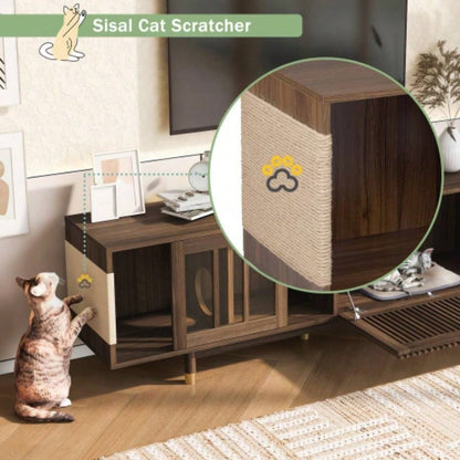 Mid - Modern style 2 IN 1 Furniture Walnut TV STAND with Scratcher, house With Sliding Flip - down glass door