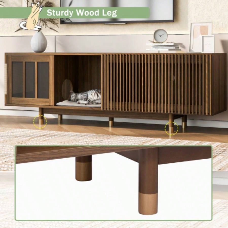 Mid - Modern style 2 IN 1 Furniture Walnut TV STAND with Scratcher, house With Sliding Flip - down glass door