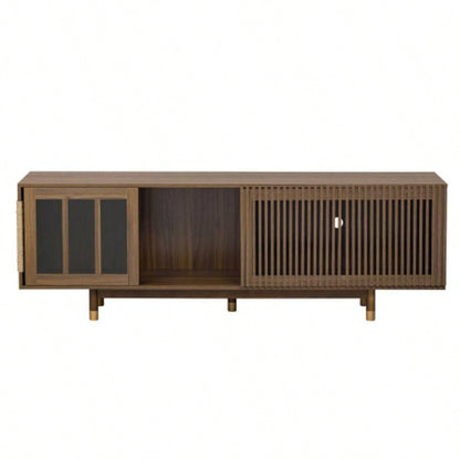 Mid - Modern style 2 IN 1 Furniture Walnut TV STAND with Scratcher, house With Sliding Flip - down glass door