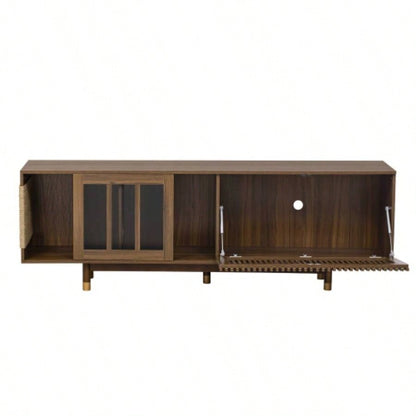 Mid - Modern style 2 IN 1 Furniture Walnut TV STAND with Scratcher, house With Sliding Flip - down glass door