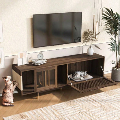 Mid - Modern style 2 IN 1 Furniture Walnut TV STAND with Scratcher, house With Sliding Flip - down glass door