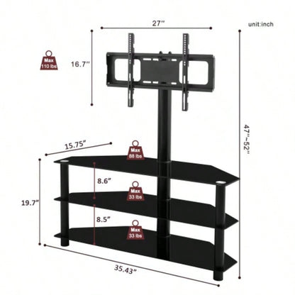 35.4 inch Black Multi - function TV Stand Height Adjustable Bracket Swivel 3 - Tier