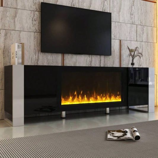 ON - TREND Modern TV Stand with 34.2 Non - heating Fireplace, High Gloss Entertainment Center with 2 Cabinets, Media Console TVs up to 78 Black