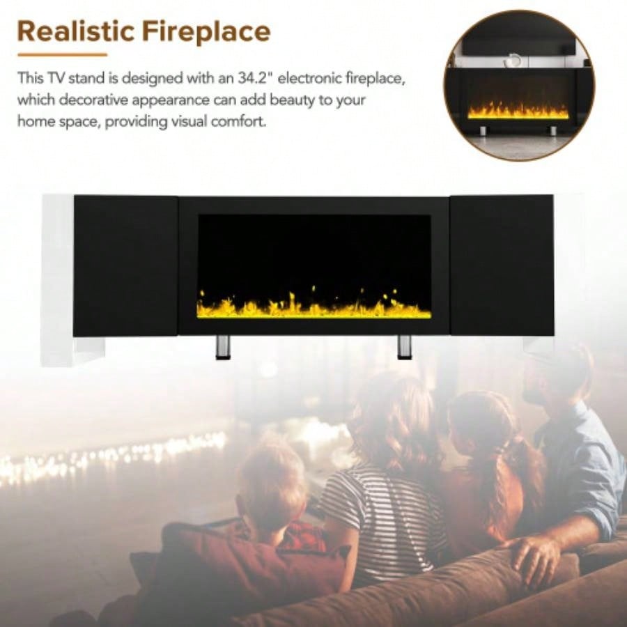 ON - TREND Modern TV Stand with 34.2 Non - heating Fireplace, High Gloss Entertainment Center with 2 Cabinets, Media Console TVs up to 78 Black
