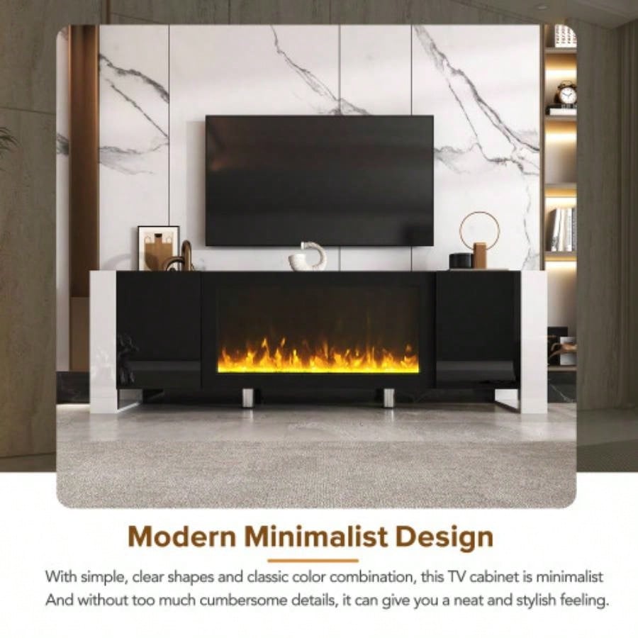 ON - TREND Modern TV Stand with 34.2 Non - heating Fireplace, High Gloss Entertainment Center with 2 Cabinets, Media Console TVs up to 78 Black