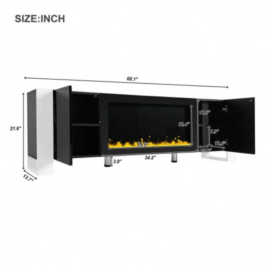 ON - TREND Modern TV Stand with 34.2 Non - heating Fireplace, High Gloss Entertainment Center with 2 Cabinets, Media Console TVs up to 78 Black