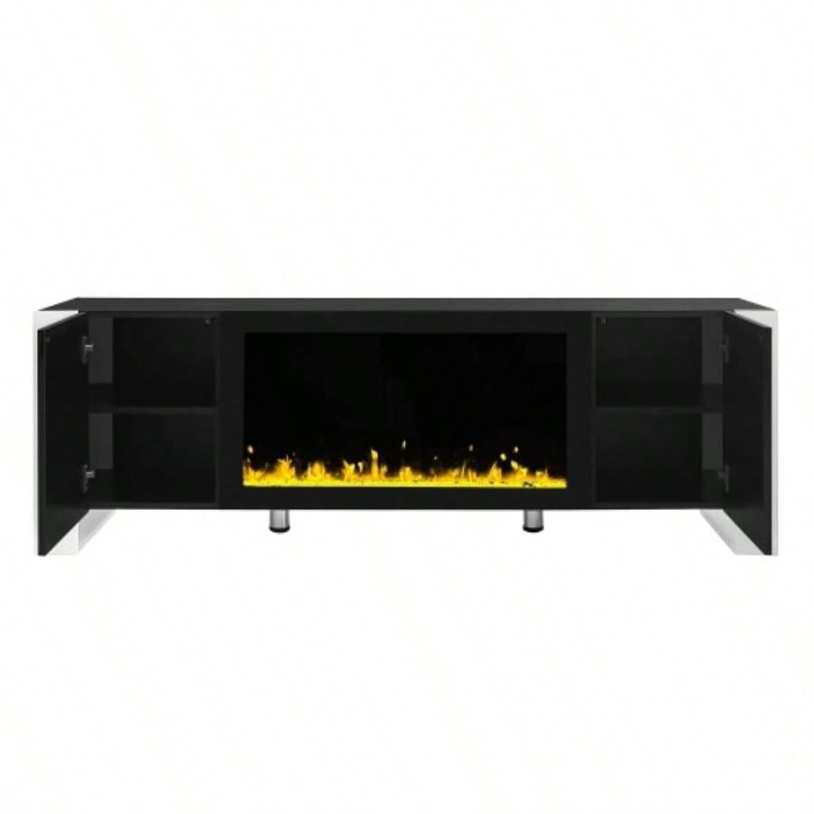 ON - TREND Modern TV Stand with 34.2 Non - heating Fireplace, High Gloss Entertainment Center with 2 Cabinets, Media Console TVs up to 78 Black