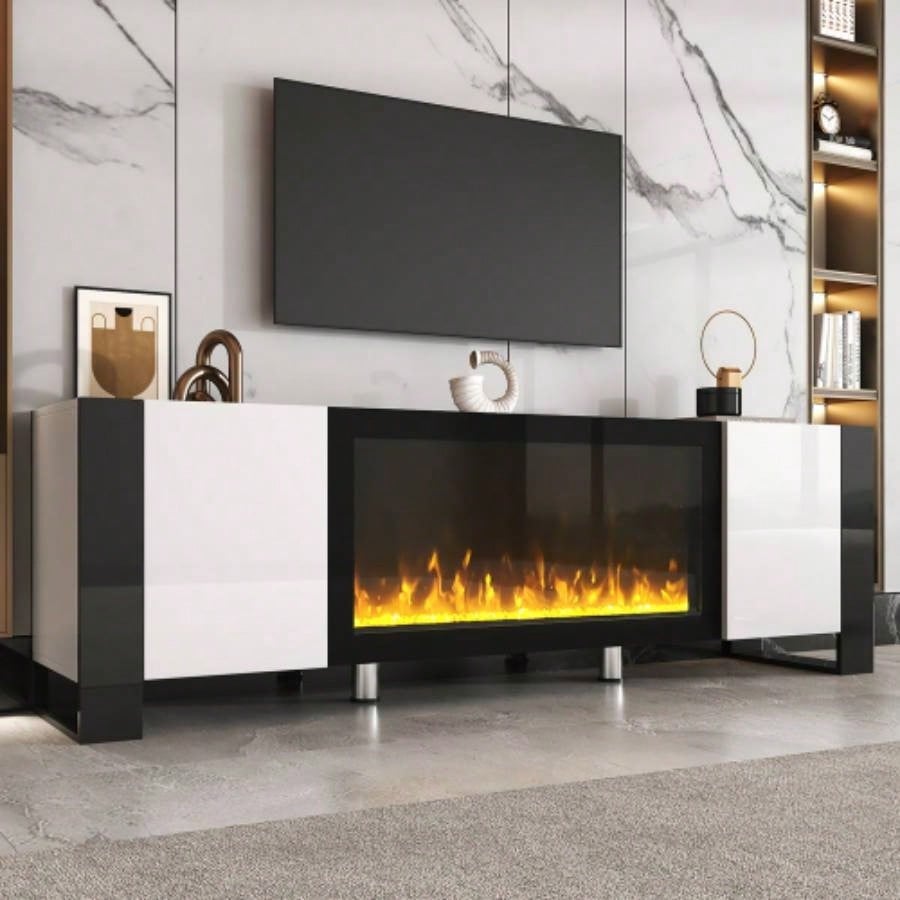 ON - TREND Modern TV Stand with 34.2 Non - heating Fireplace, High Gloss Entertainment Center with 2 Cabinets, Media Console TVs up to 78 Black