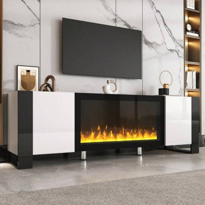 ON - TREND Modern TV Stand with 34.2 Non - heating Fireplace, High Gloss Entertainment Center with 2 Cabinets, Media Console TVs up to 78 Black