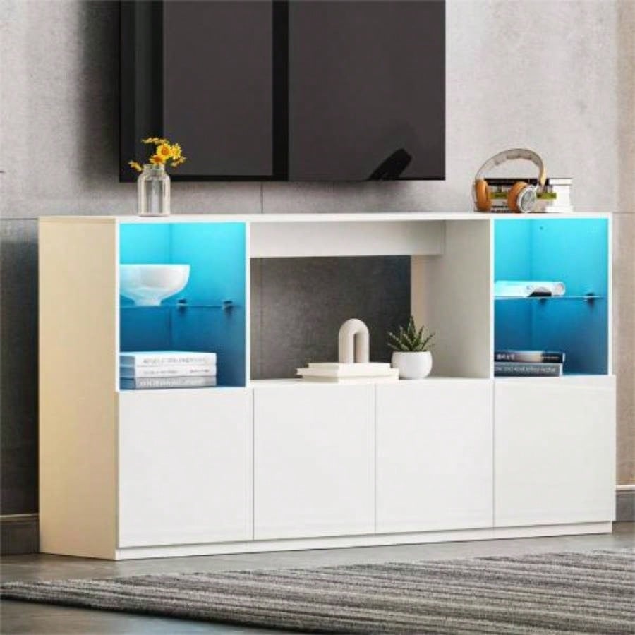ON - TREND Modern TV Stand with 34.2 Non - heating Fireplace, High Gloss Entertainment Center with 2 Cabinets, Media Console TVs up to 78 Black