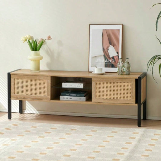 54.33 Rattan TV cabinet with variable color light strip, double sliding doors storage, adjustable shelf, metal, TV console living room, natural